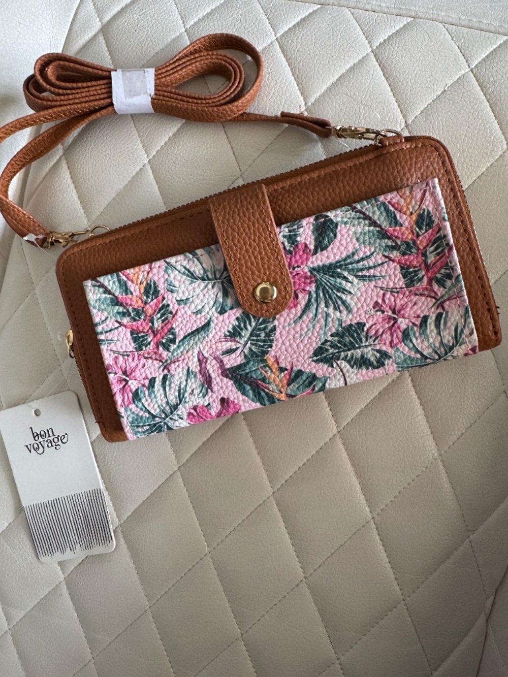 Bon Voyage Tropical Floral Wallet Crossbody Wristlet Brown Pink NWT